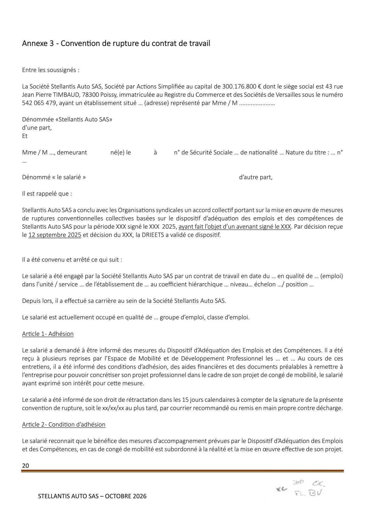 Avenant à l'accord Stellantis Auto SAS relatif à la gestion des emplois et des parcours professionnels et aux ruptures conventionnelles collectives du 29 août 2025