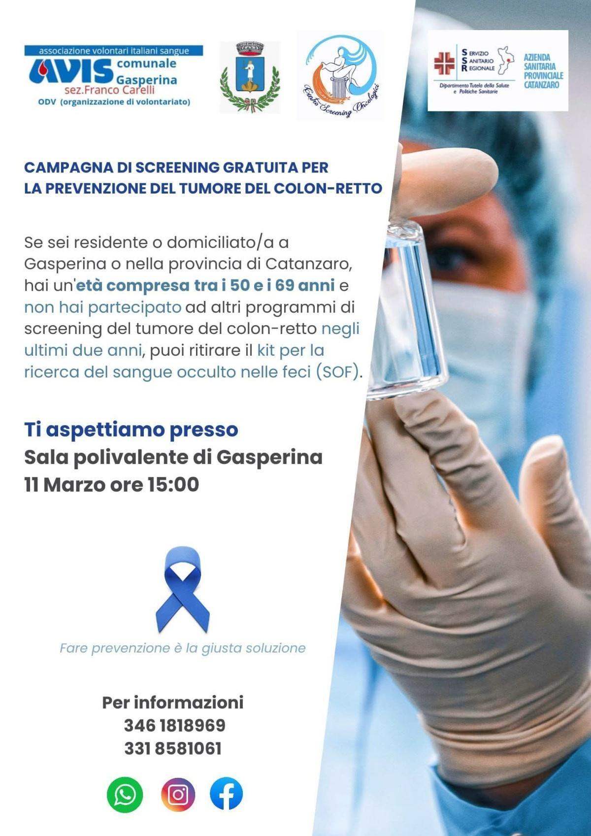 Campagna di Screening Gratuita per la Prevenzione del Tumore del Colon-Retto (inizio ore 15.00)