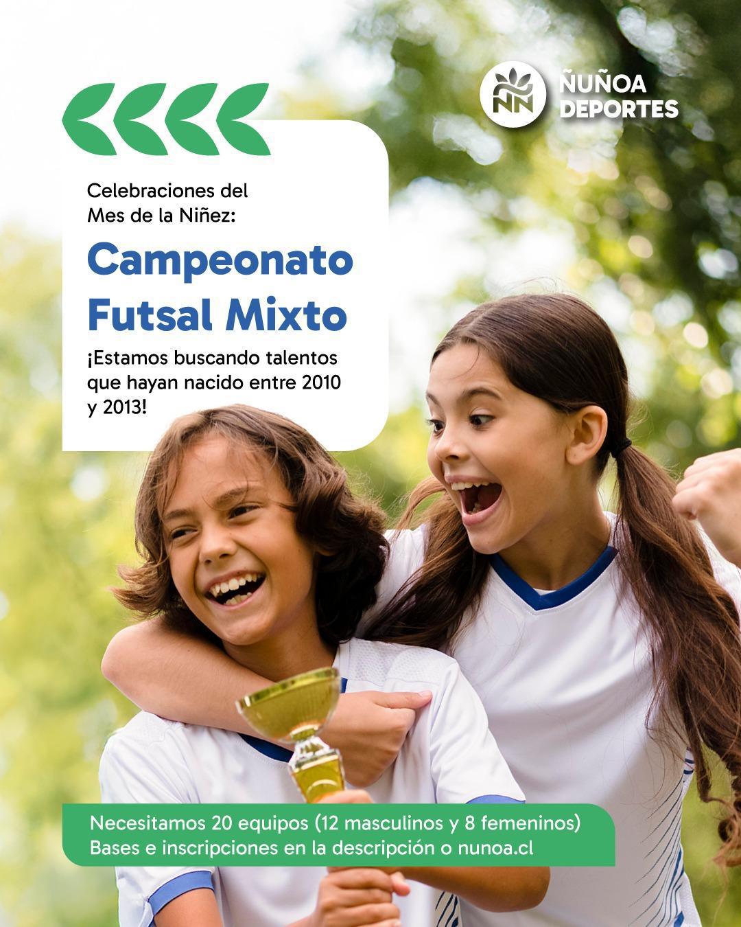 ÑUÑOA: Inscripciones abiertas: Campeonato Futsal Mixto Sub 15 por el Mes de la Niñez ÑUÑOA: Inscripciones abiertas: Campeonato Futsal Mixto Sub 15 por el Mes de la Niñez