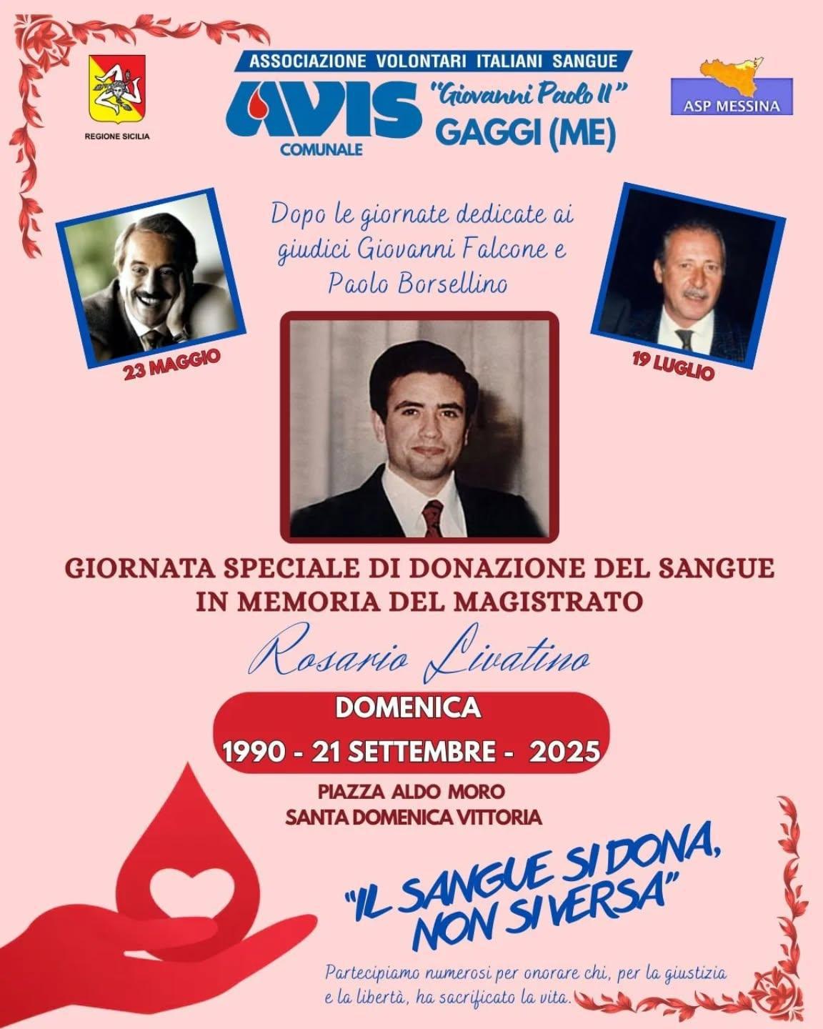Giornata Speciale di Donazione del Sangue in memoria del magistrato Rosario Livatino Giornata Speciale di Donazione del Sangue in memoria del magistrato Rosario Livatino