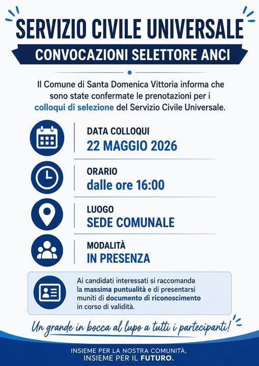 Servizio Civile Universale – Convocazioni Selettore ANCI (dalle ore 16:00) Servizio Civile Universale – Convocazioni Selettore ANCI (dalle ore 16:00)