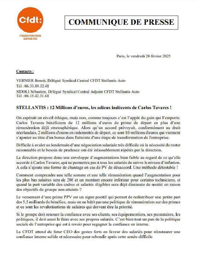 Communiqué de presse CFDT prime de départ Carlos Tavares