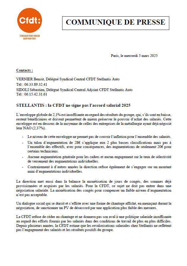 CP CFDT Stellantis la CFDT ne signe pas l'accord salarial