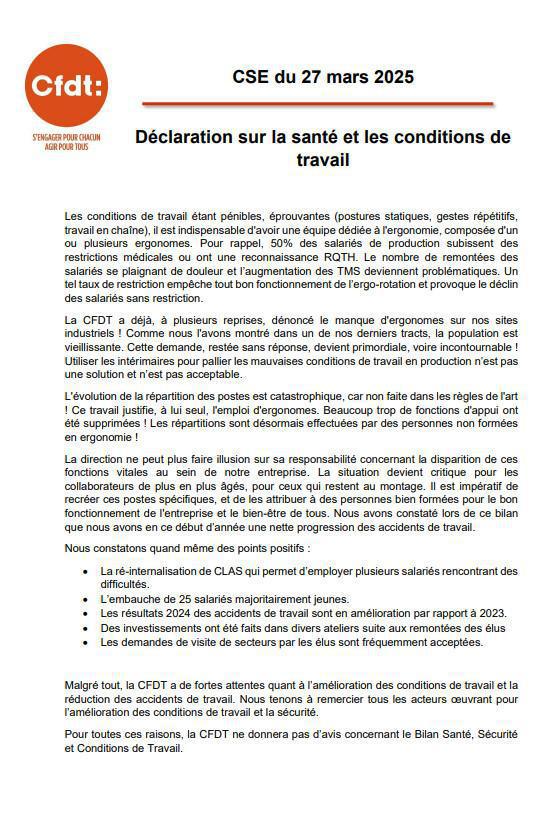 Déclaration CSE sur la santé et les conditions de travail