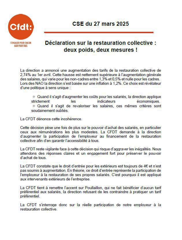 Déclaration CSE sur la restauration collective 