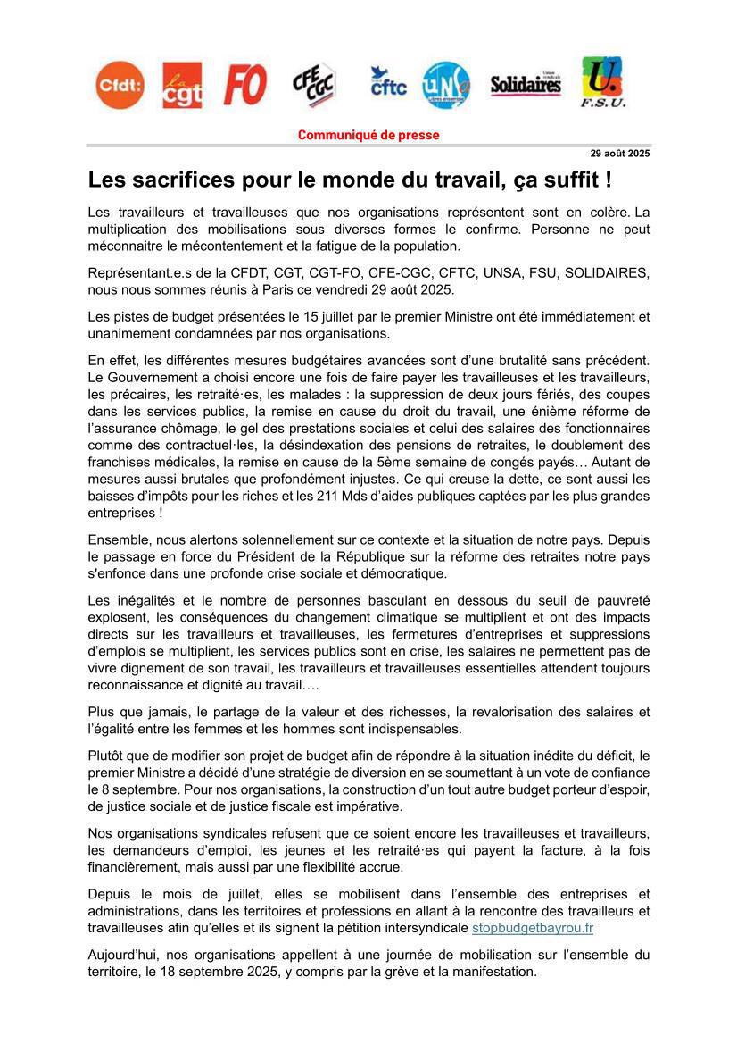 Communiqué intersyndical : manifestation 18 septembre