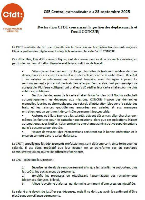 Déclaration faite en CSE central : la gestion des déplacements et l’outil CONCUR
