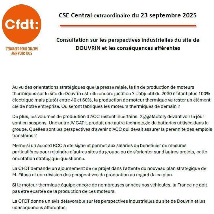 Déclaration faite en CSE central : perspectives industrielles du site de DOUVRIN et les conséquences afférentes
