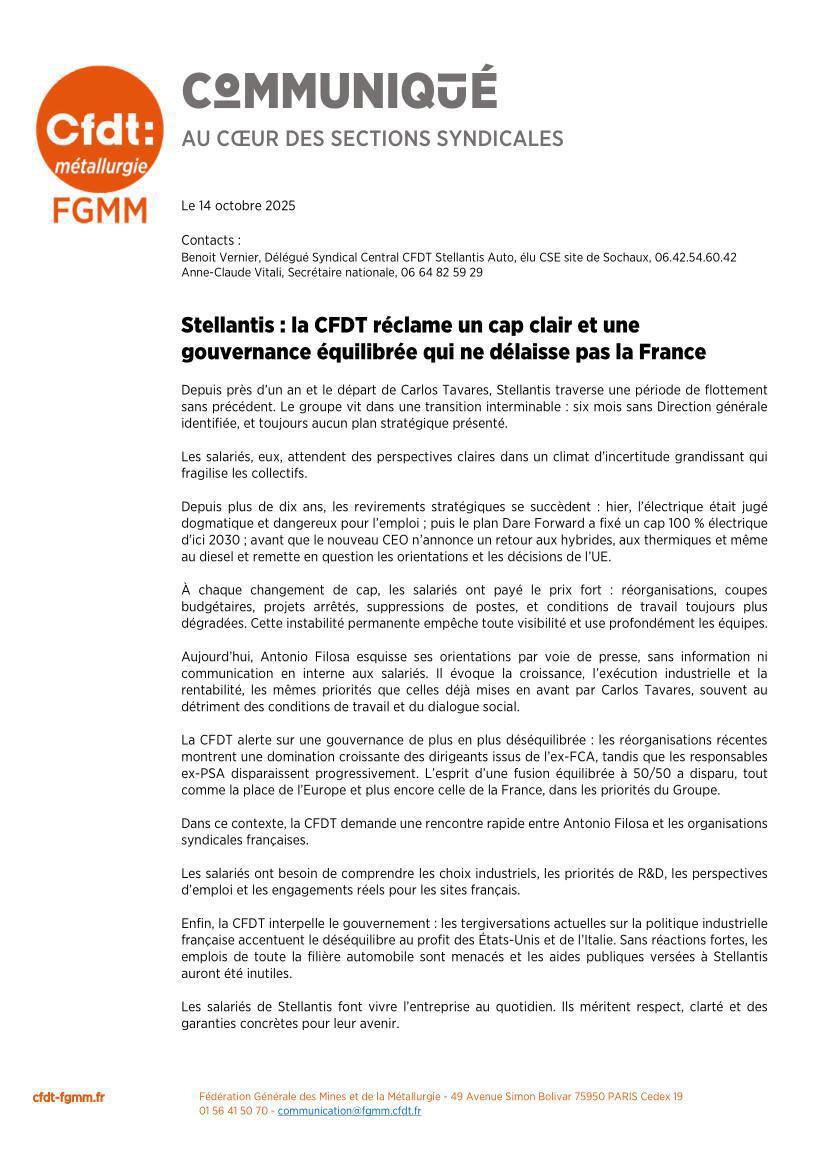 Stellantis : la CFDT réclame un cap clair !