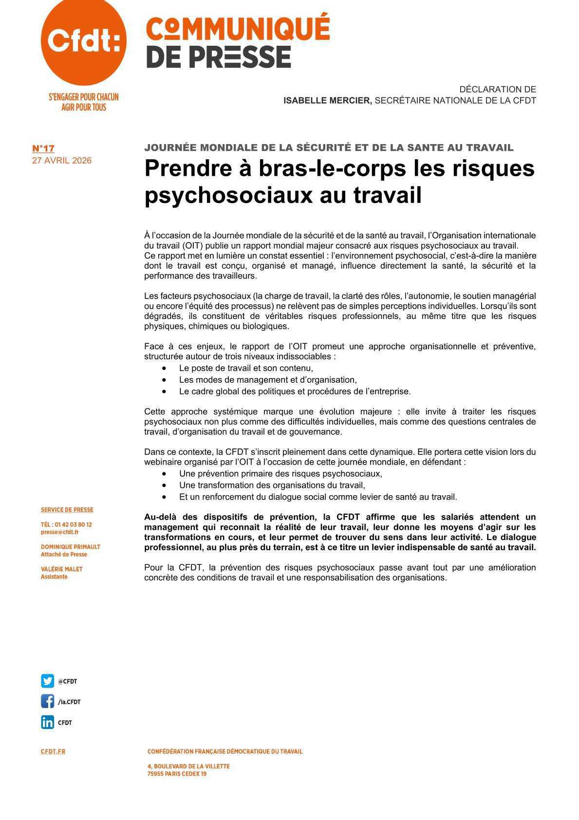 CP CFDT : risques psychosociaux