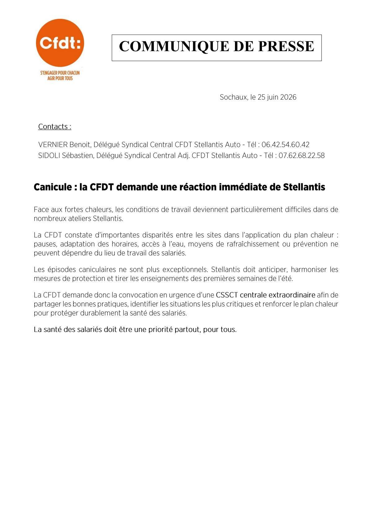Chaleur au travail la CFDT demande un CSSCT central extraordinaire
