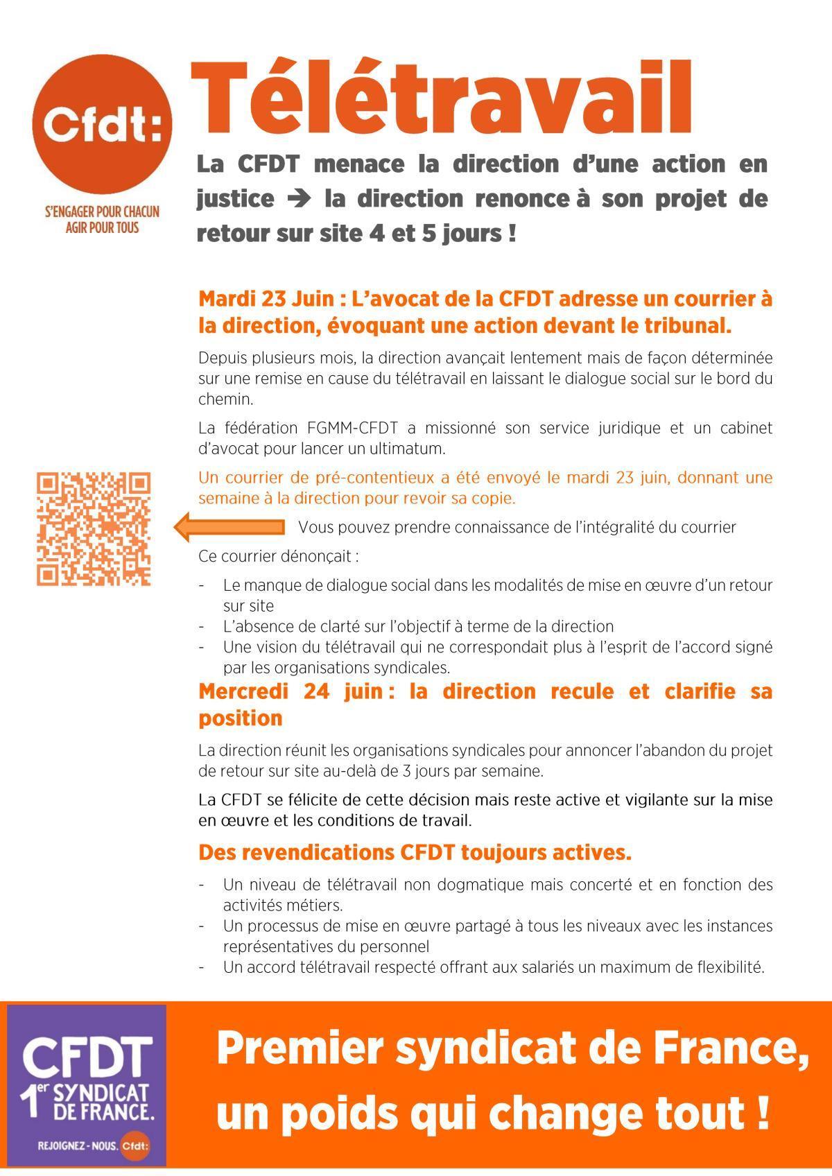 Télétravail la CFDT menace la direction d'une action en justice