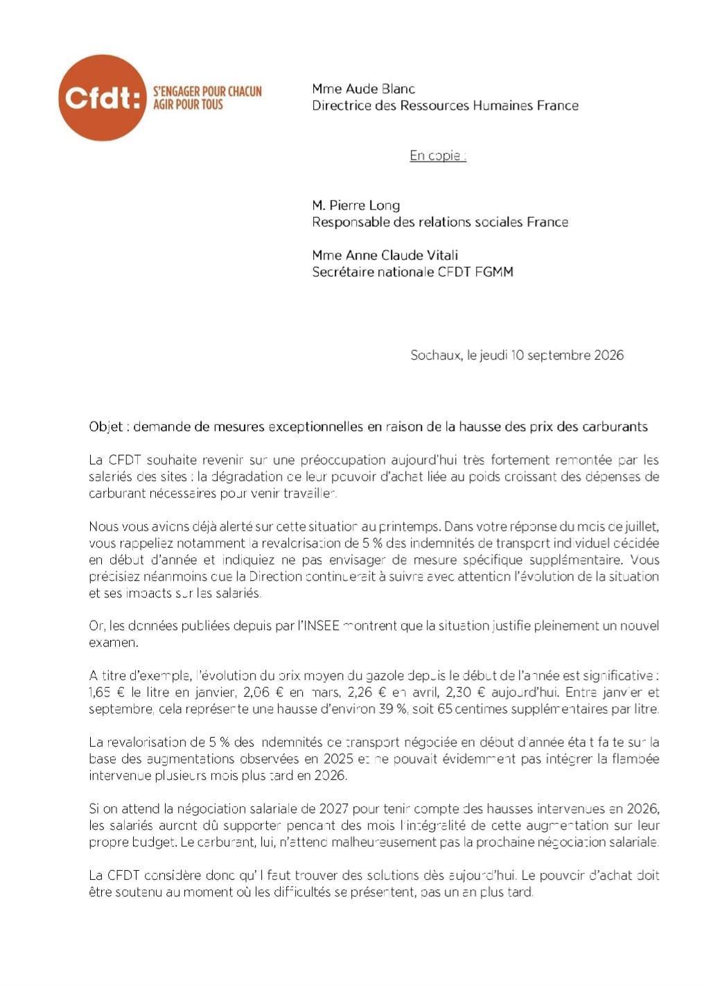 Courrier CFDT : demande mesures exceptionnelles hausse du coût des carburants 