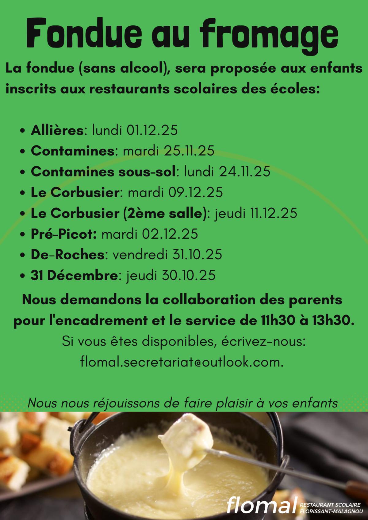 Fondue au fromage du 30 octobre au 11 décembre 2025 - collaboration des parents d'élèves bienvenue
