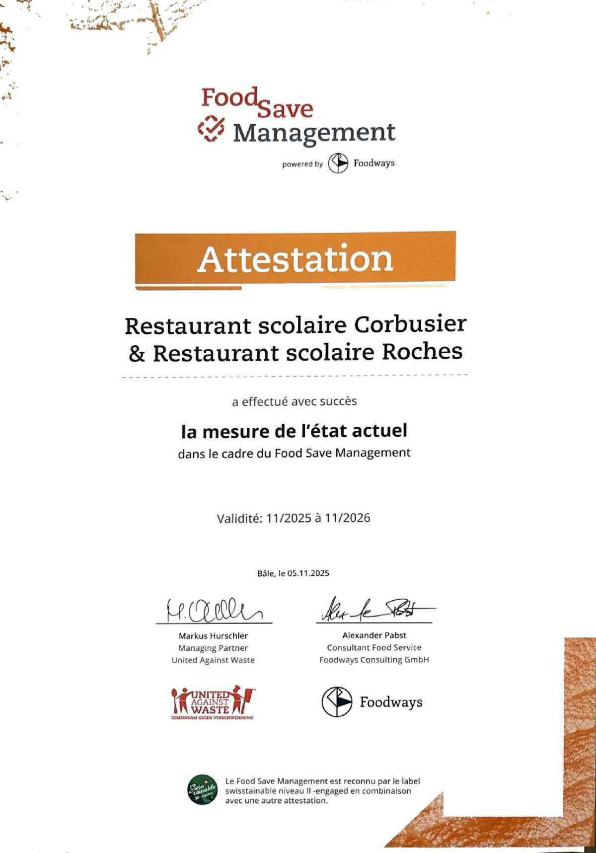 Les restaurants scolaires de Le Corbusier et Roches ont obtenu l’attestation Food Save Management Les restaurants scolaires de Le Corbusier et Roches ont obtenu l’attestation Food Save Management