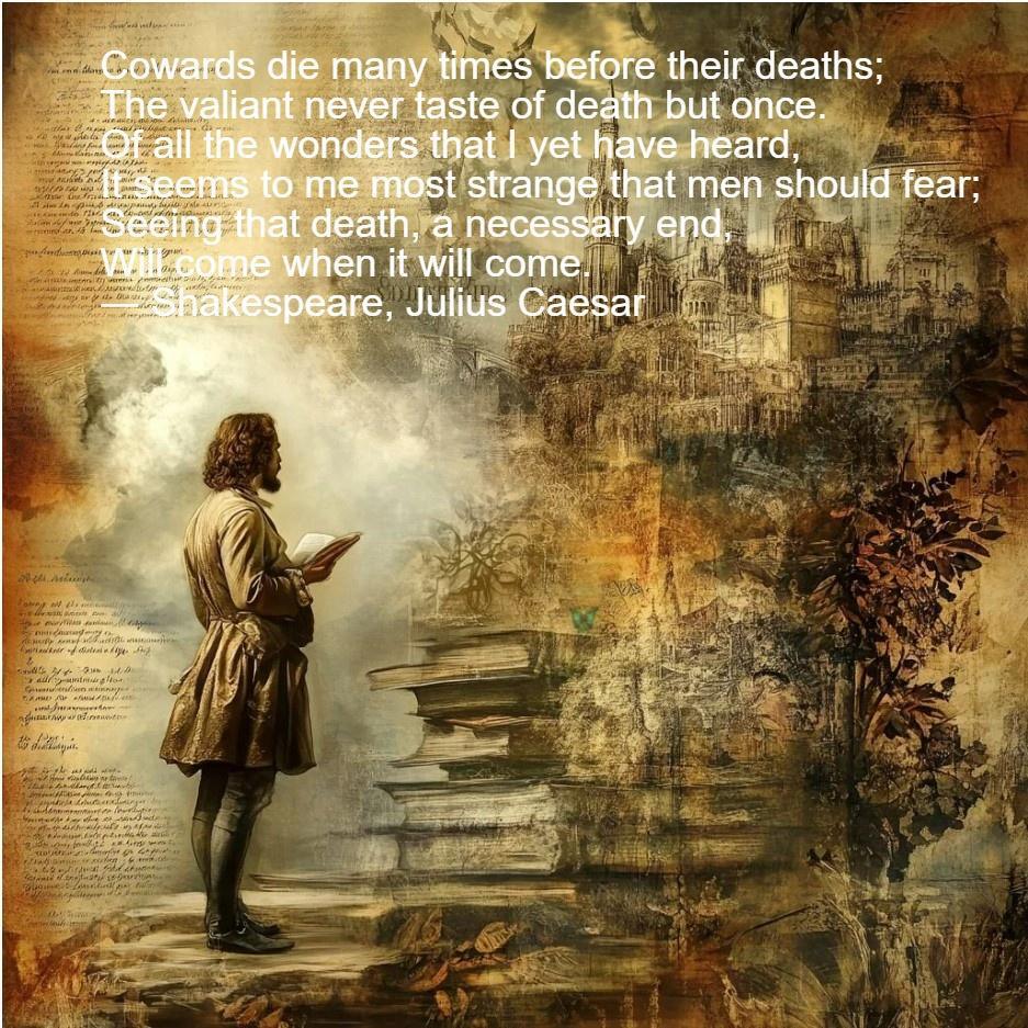 Cowards die many times before their deaths; The valiant never taste of death but once. Of all the wonders that I yet have heard, It seems to me most strange that men should fear; Seeing that death, a necessary end, Will come when it will come. Cowards die many times before their deaths; The valiant never taste of death but once. Of all the wonders that I yet have heard, It seems to me most strange that men should fear; Seeing that death, a necessary end, Will come when it will come.