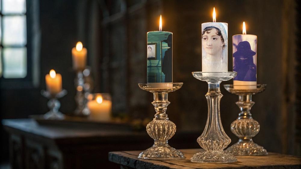 Nordic Vintage Style Candle Featuring Portraits of Jane Austen and Astrid Aillume