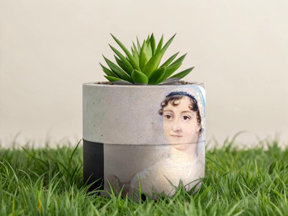 Unique Best Gift for Mom--Handmade Concrete Pot with Jane Austen Por