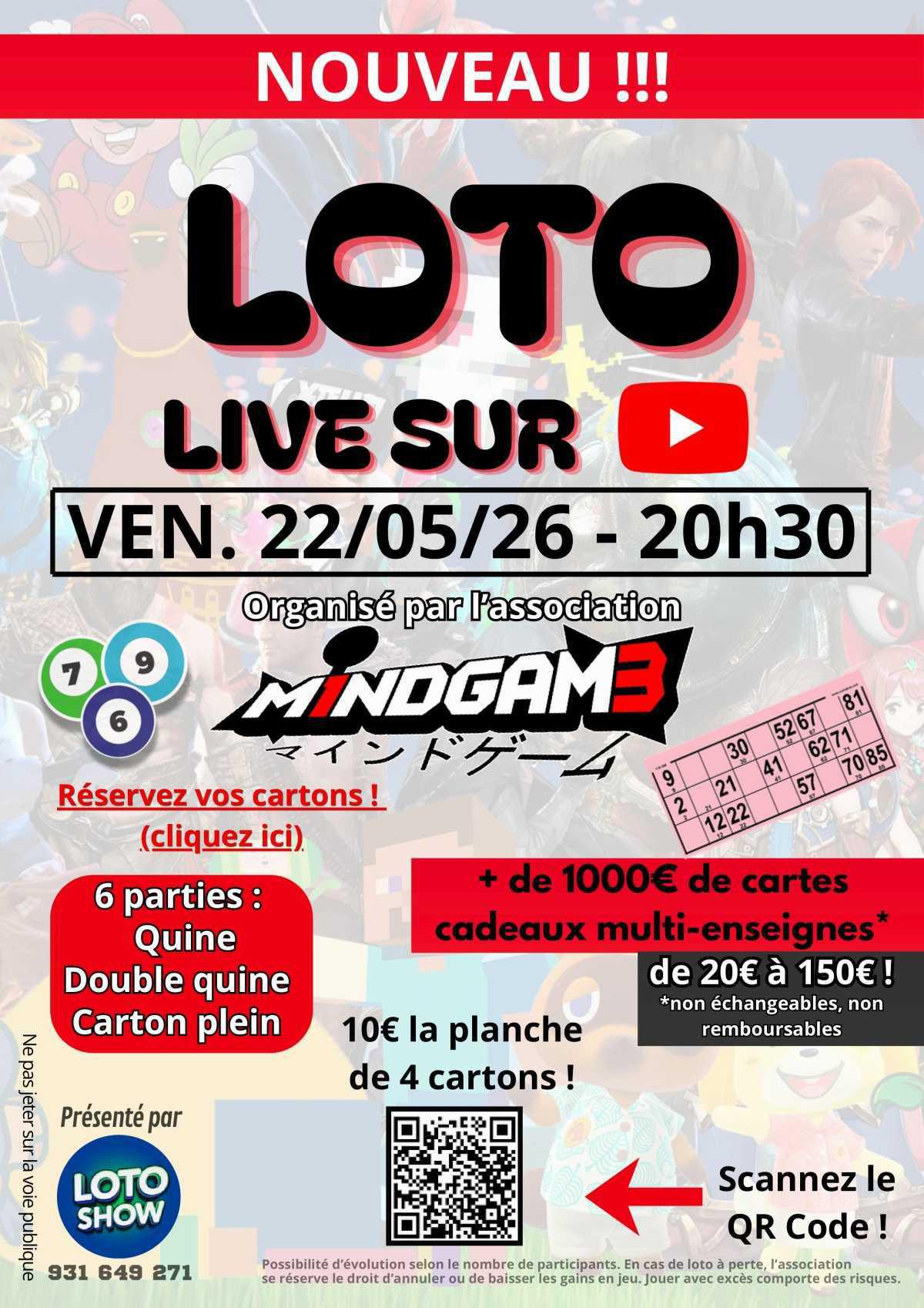 🎉🎮Loto Live M1NDGAM3 Vendredi 22 Mai 20H30🎮🎉