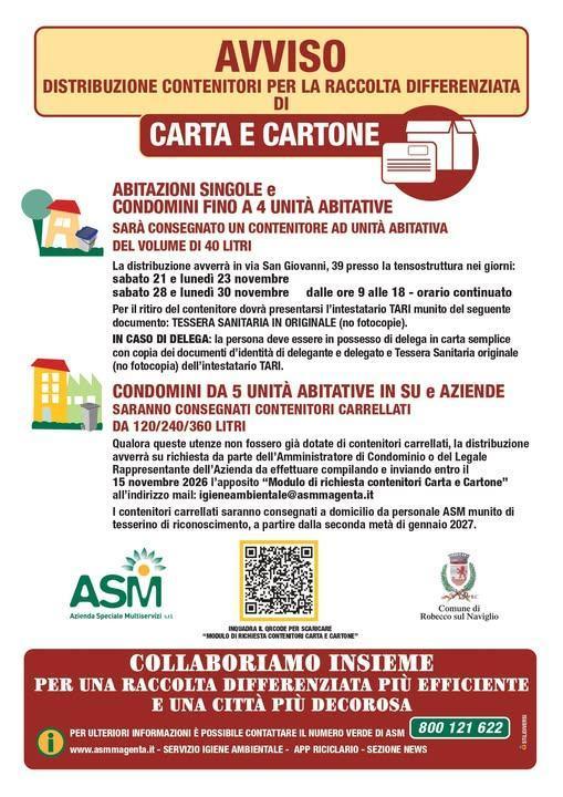 Distribuzione Contenitori per la Raccolta di Carta e Cartone (dalle ore 9.00 alle 18.00)