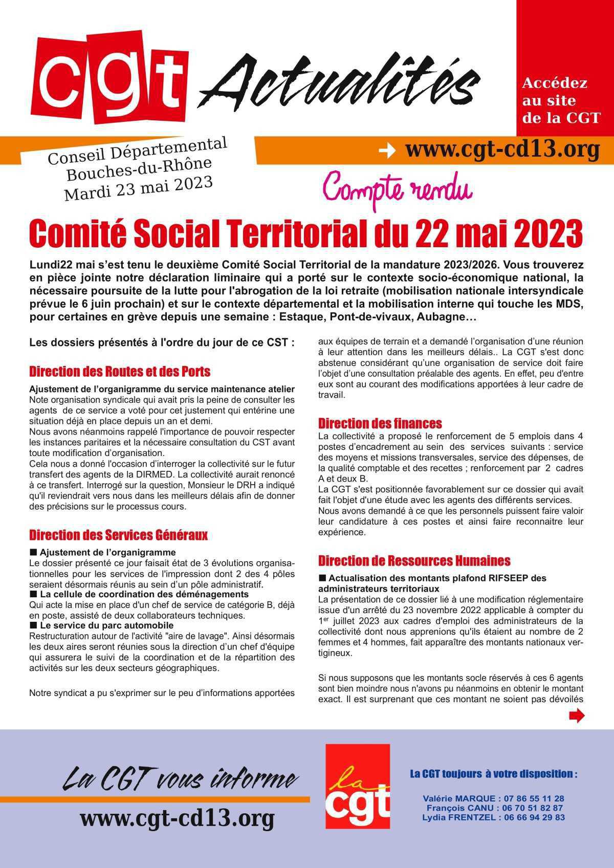 Compte-rendu du Comité social territorial du 22 mai 2023 Compte-rendu du Comité social territorial du 22 mai 2023