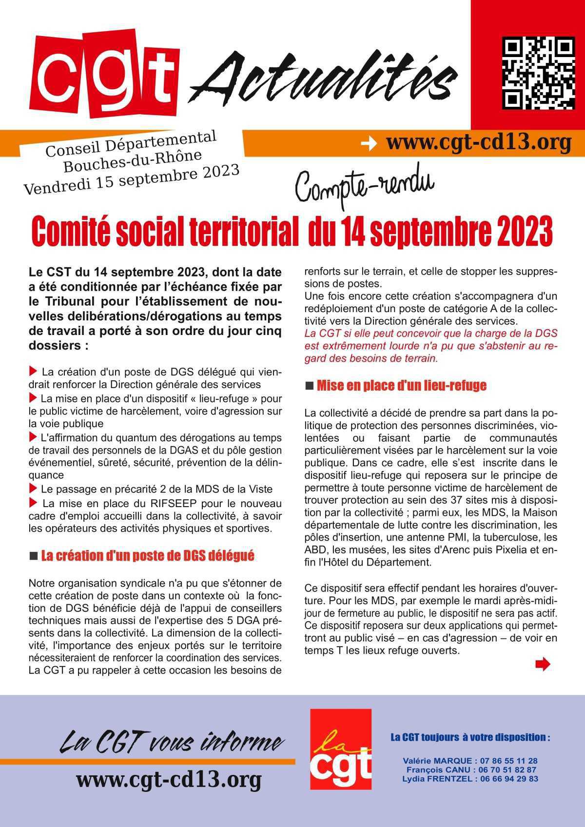 Compte-rendu du Comité social territorial du 14 septembre 2023 Compte-rendu du Comité social territorial du 14 septembre 2023