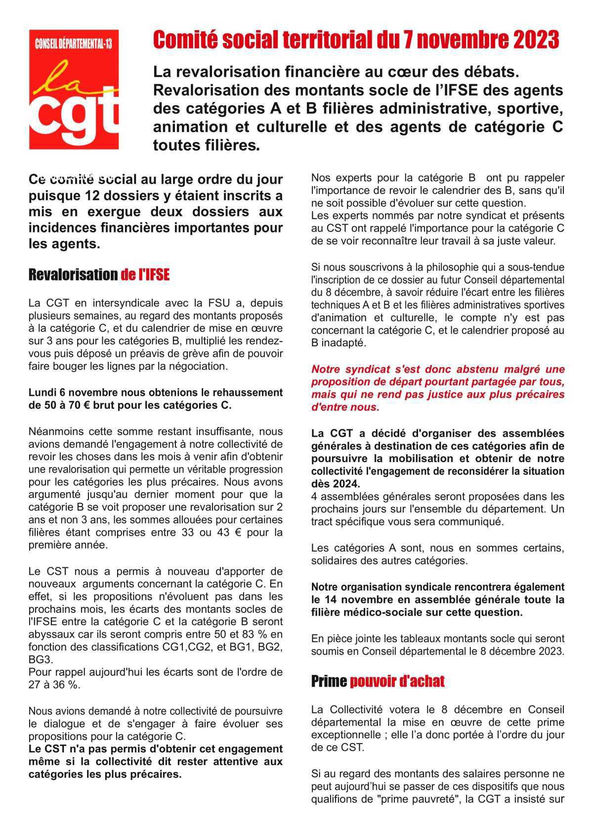 Compte-rendu du Comité social territorial du 7 novembre 2023 Compte-rendu du Comité social territorial du 7 novembre 2023