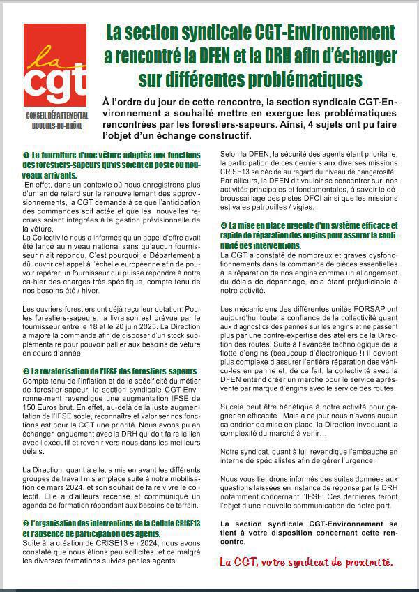 La section syndicale CGT Environnement a rencontré la DFEN et la DRH afin d’échanger sur différentes problématiques La section syndicale CGT Environnement a rencontré la DFEN et la DRH afin d’échanger sur différentes problématiques