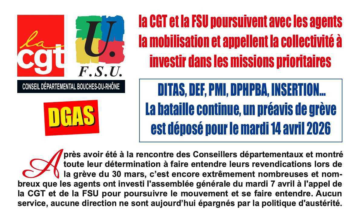 🚨🪧DGAS: LA MOBILISATION CONTINUE LE 14 AVRIL RDV à 8H00 à L'HÔTEL DU DEPARTEMENT