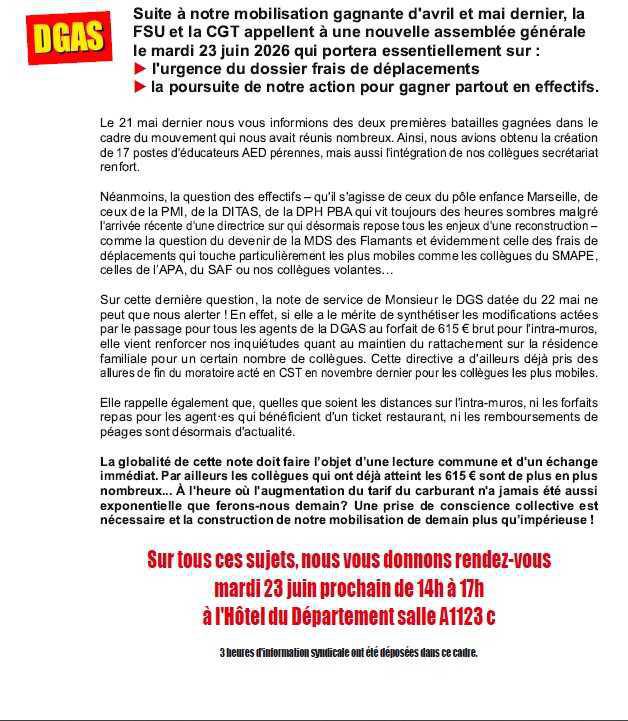 CGT-FSU : Assemblée Générale le mardi 23 juin 2026 de 14h à 17h