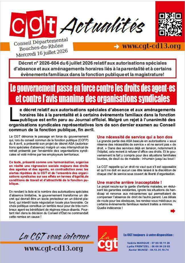 CGT Actualités du 16 juillet 2026 - Décret relatif aux autorisations spéciales d'absence