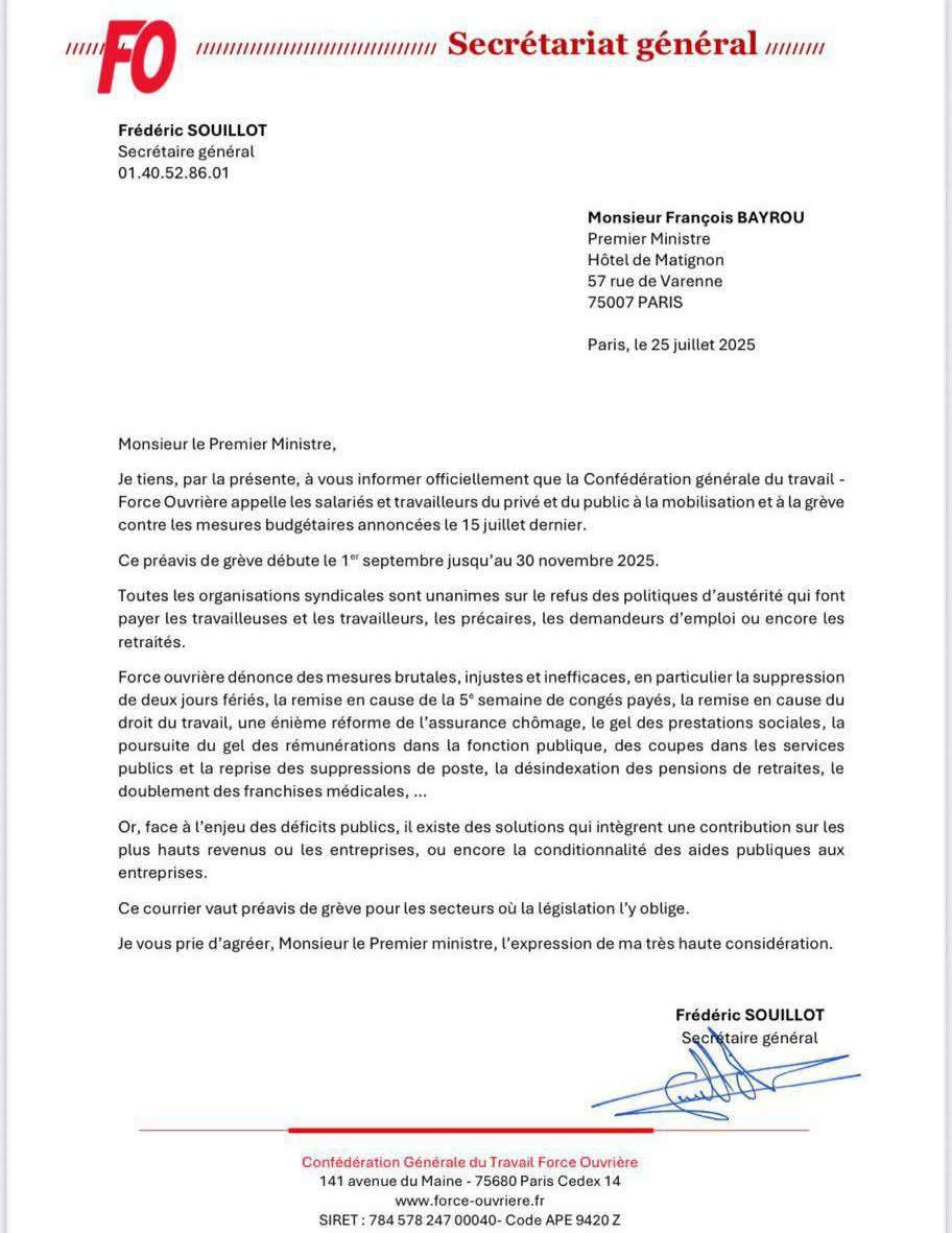 Préavis de grève envoyé à M.Bayrou ! 