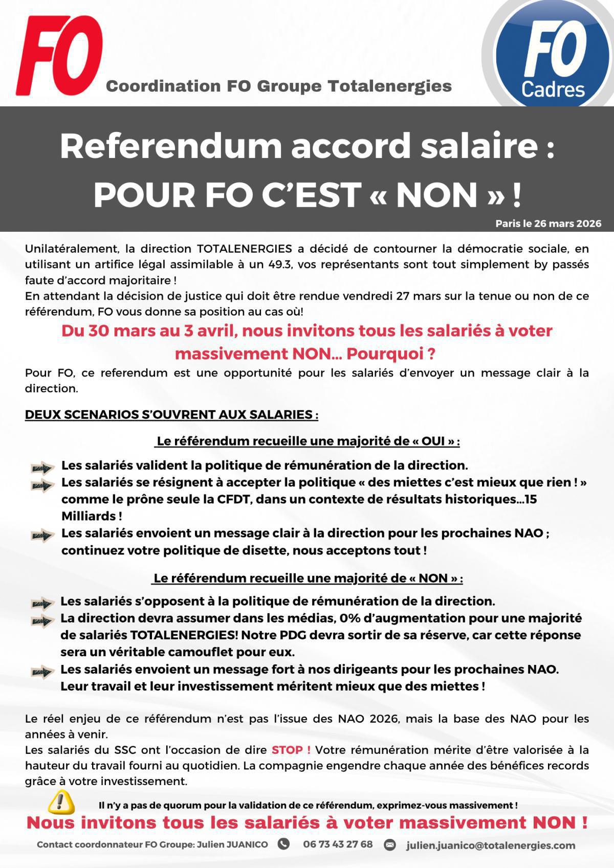 Référendum accord salaire : POUR FO C'EST NON !