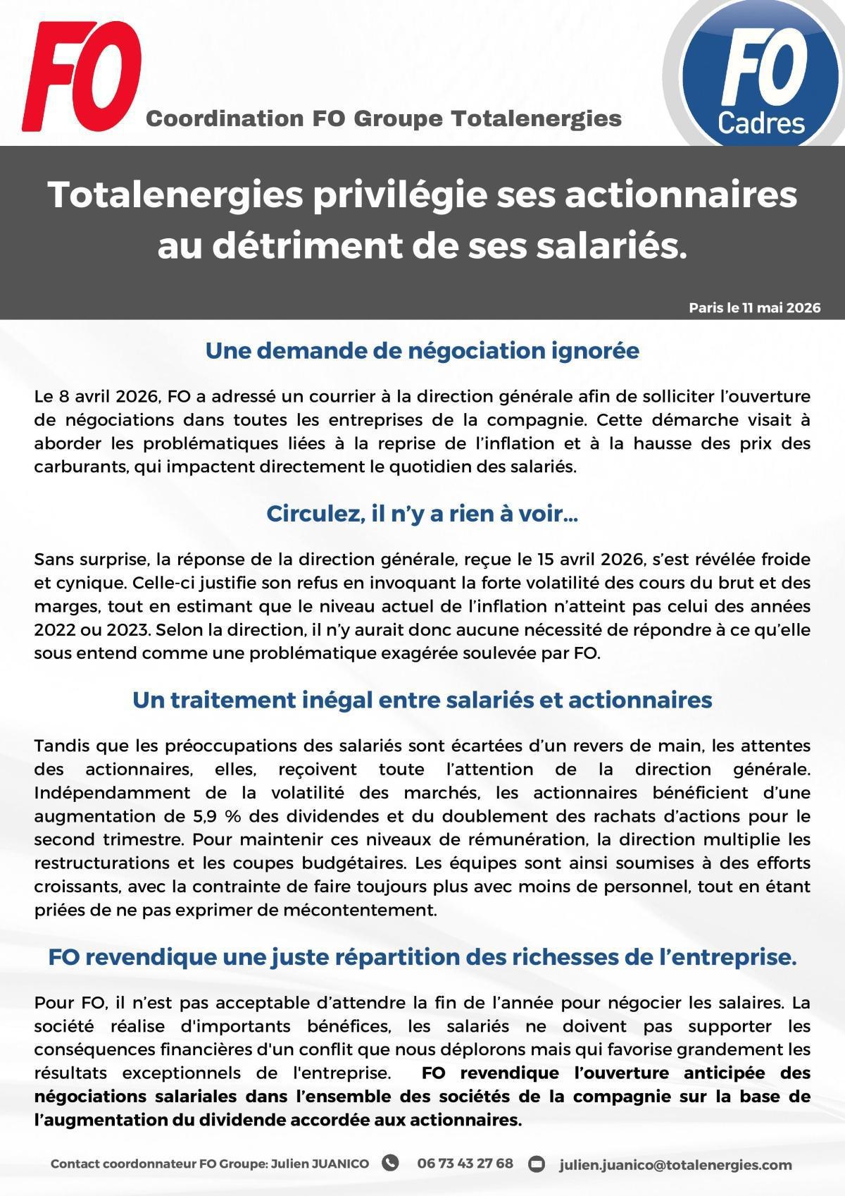Totalenergies privilégie ses actionnaires au détriment de ses salariés ! Totalenergies privilégie ses actionnaires au détriment de ses salariés !