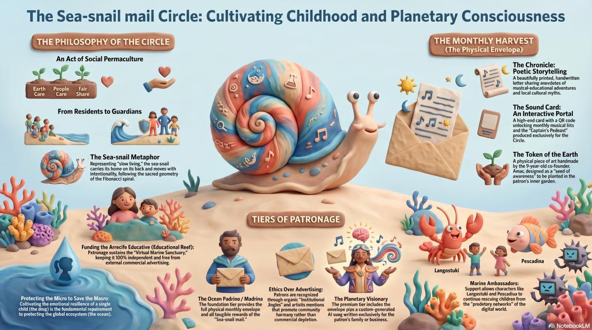 "The Sea-Snail Mail Circle: An exclusive community of patrons cultivating childhood & planetary consciousness, designed by 'Tortuguitas a la Mar' as a resilient strategy to sustain our unique Musical-PerMarineCultural Initiative."
