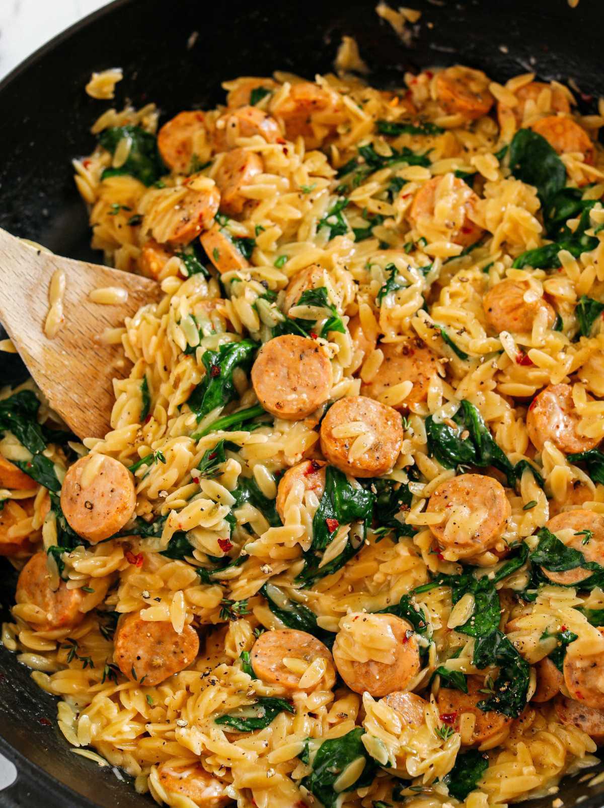 Creamy Chicken Sausage Orzo Skillet