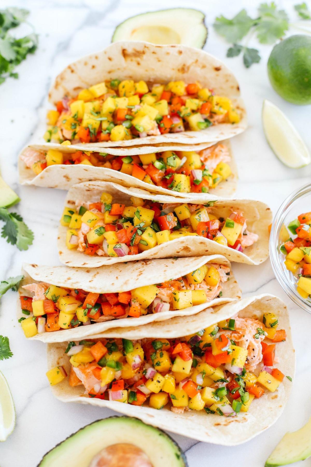 Mango Sriracha Salmon Tacos