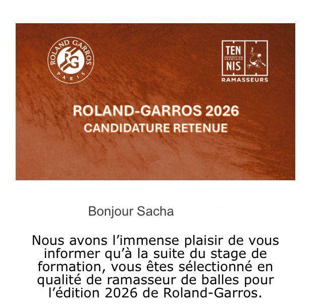 Sacha sera ramasseur à Roland-Garros en mai prochain ! 