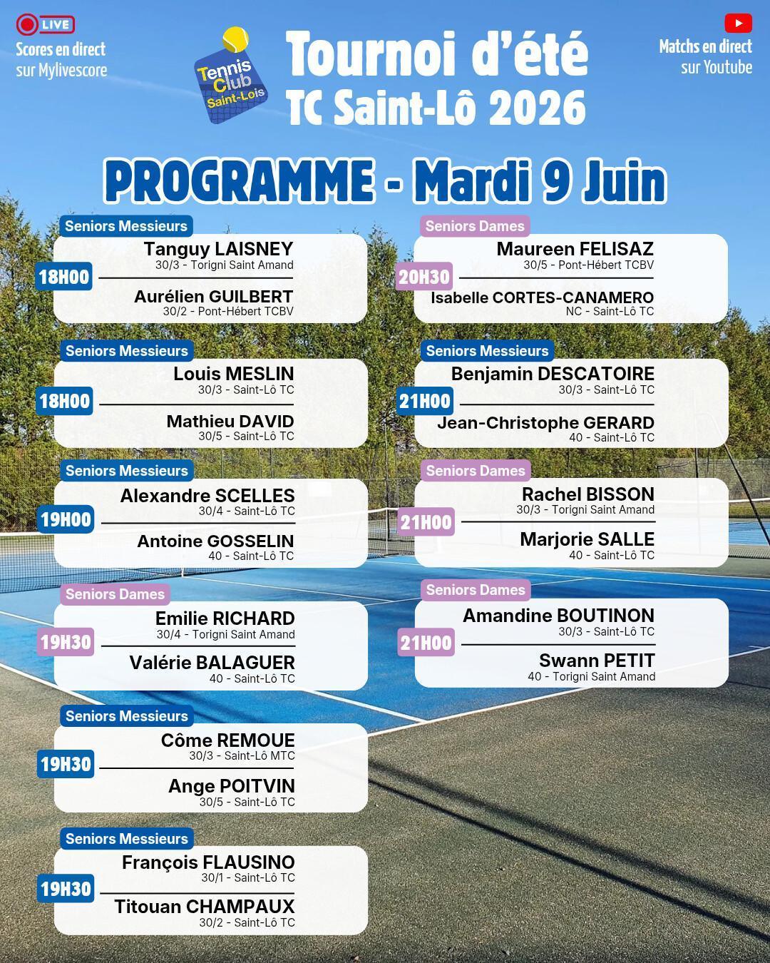 Tournoi été 2026 - Résultats Lundi 8 juin et Programme Mardi 9 juin