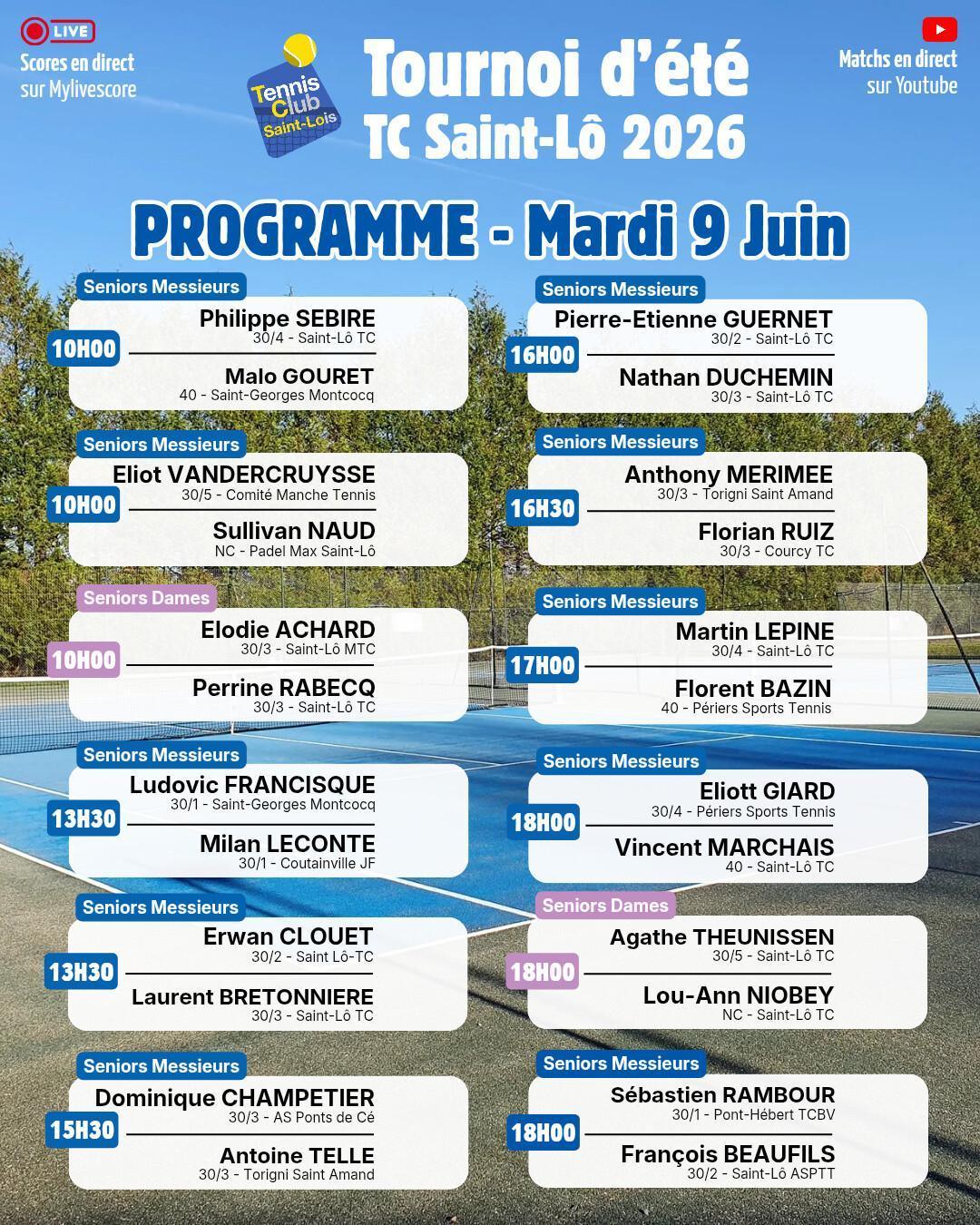 Tournoi été 2026 - Résultats Lundi 8 juin et Programme Mardi 9 juin