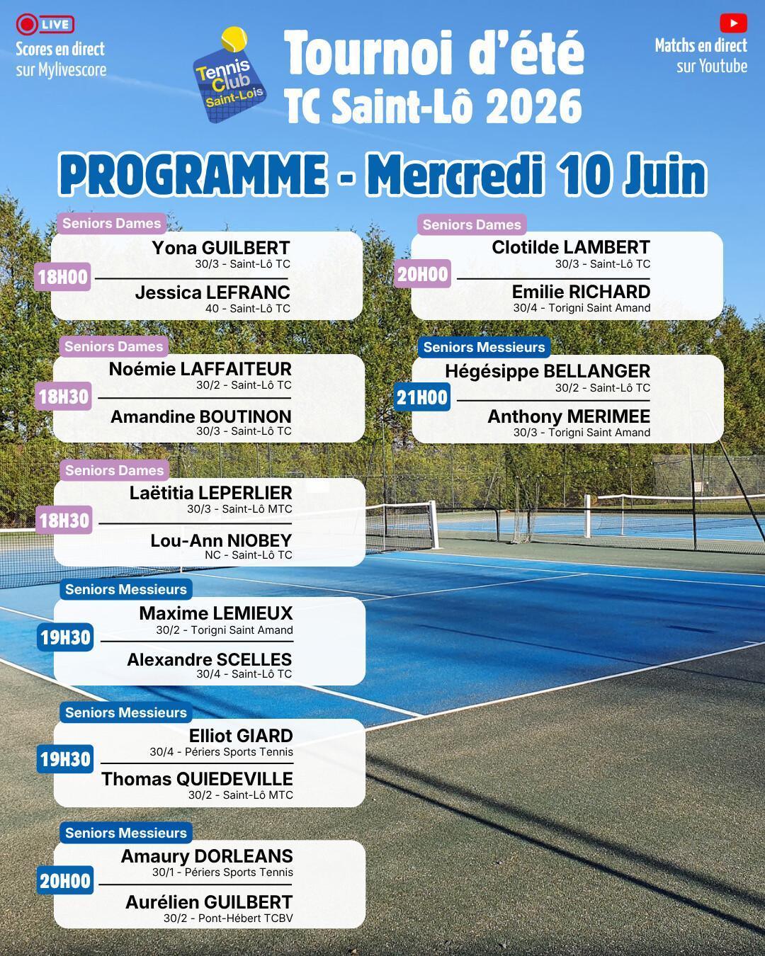 Tournoi été 2026 - Résultats Mardi 9 juin et Programme Mercredi 10 juin