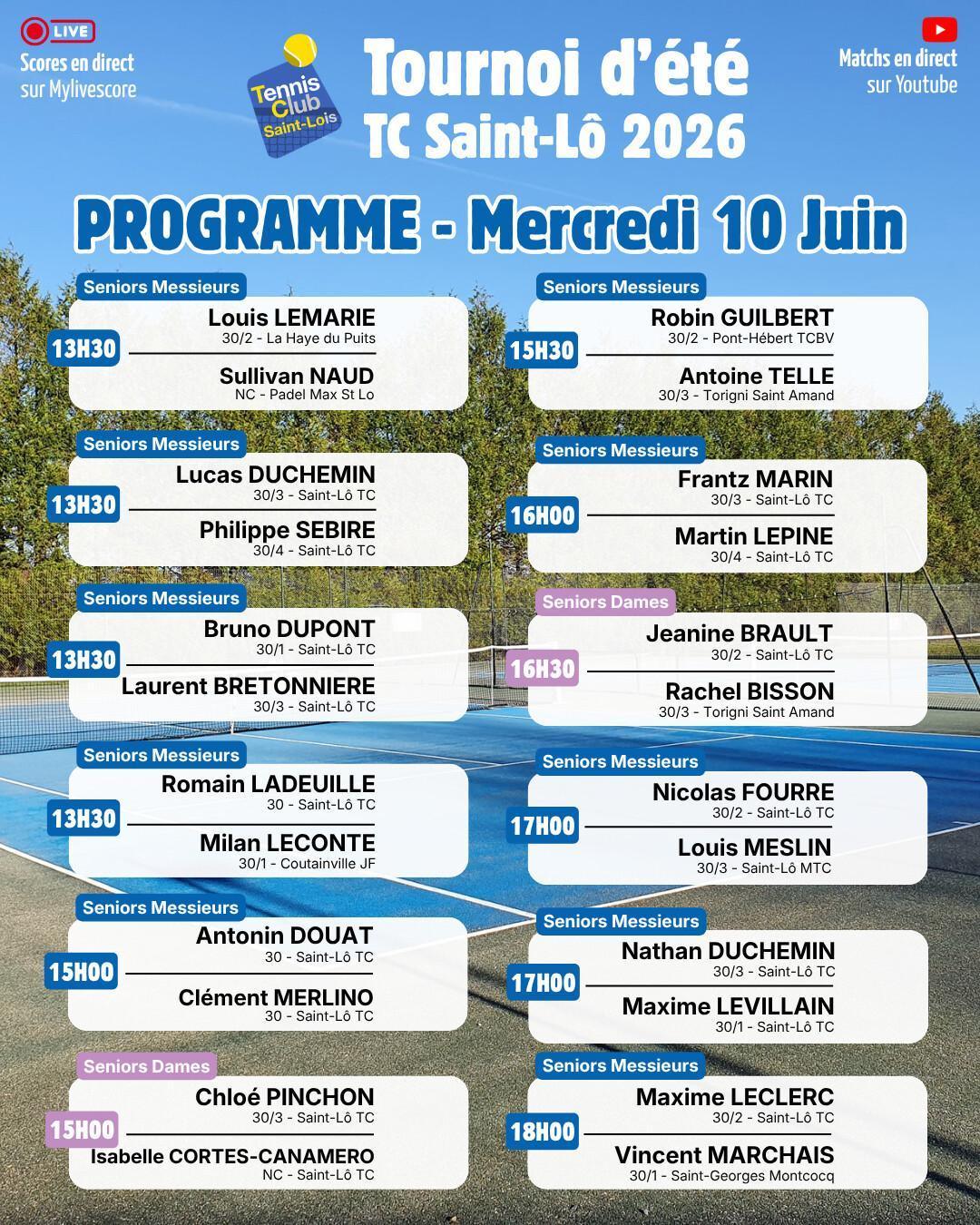 Tournoi été 2026 - Résultats Mardi 9 juin et Programme Mercredi 10 juin