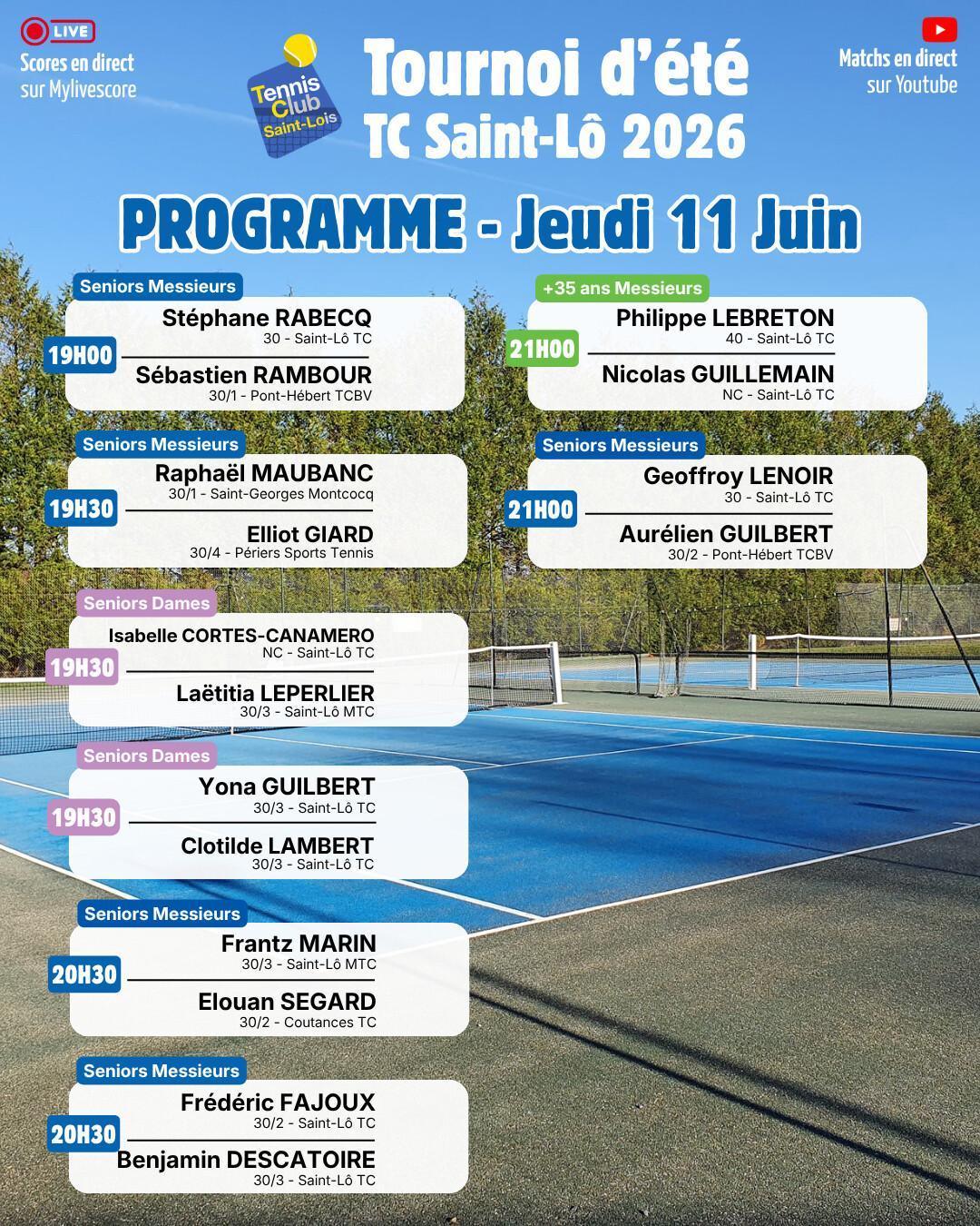 Tournoi été 2026 - Résultats Mercredi 10 juin et Programme Jeudi 11 juin