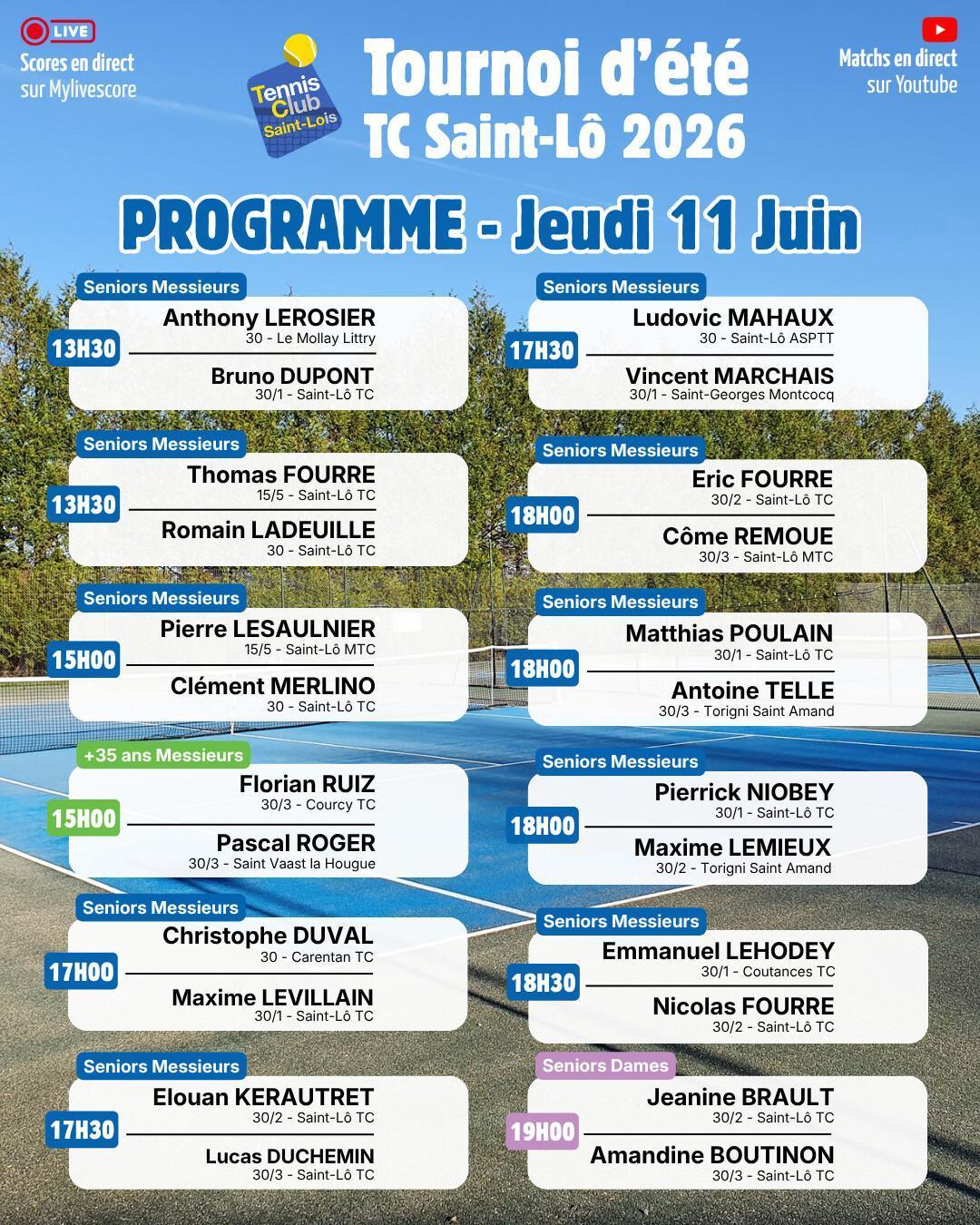Tournoi été 2026 - Résultats Mercredi 10 juin et Programme Jeudi 11 juin