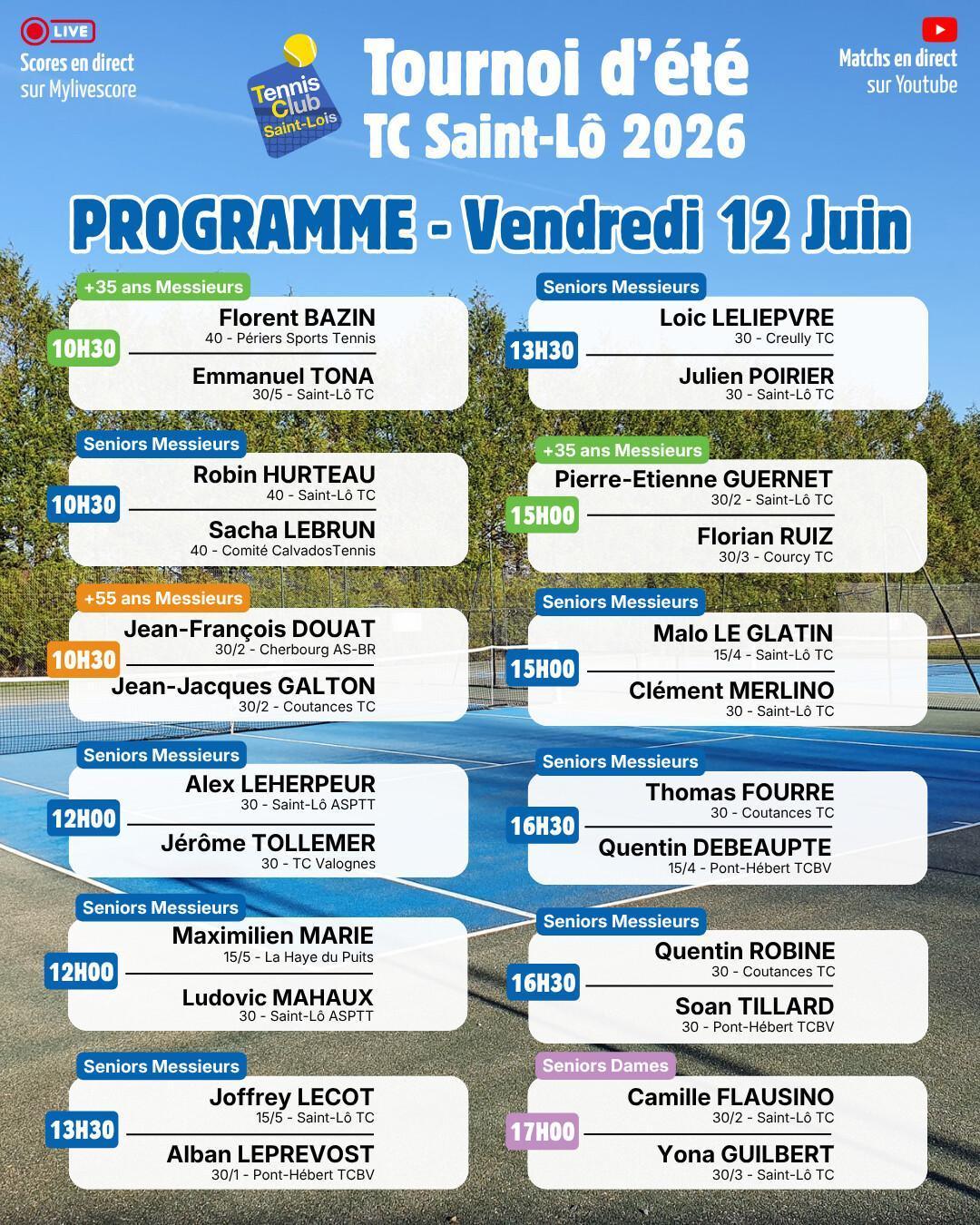 Tournoi été 2026 - Résultats Jeudi 11 juin et Programme Vendredi 12 Juin