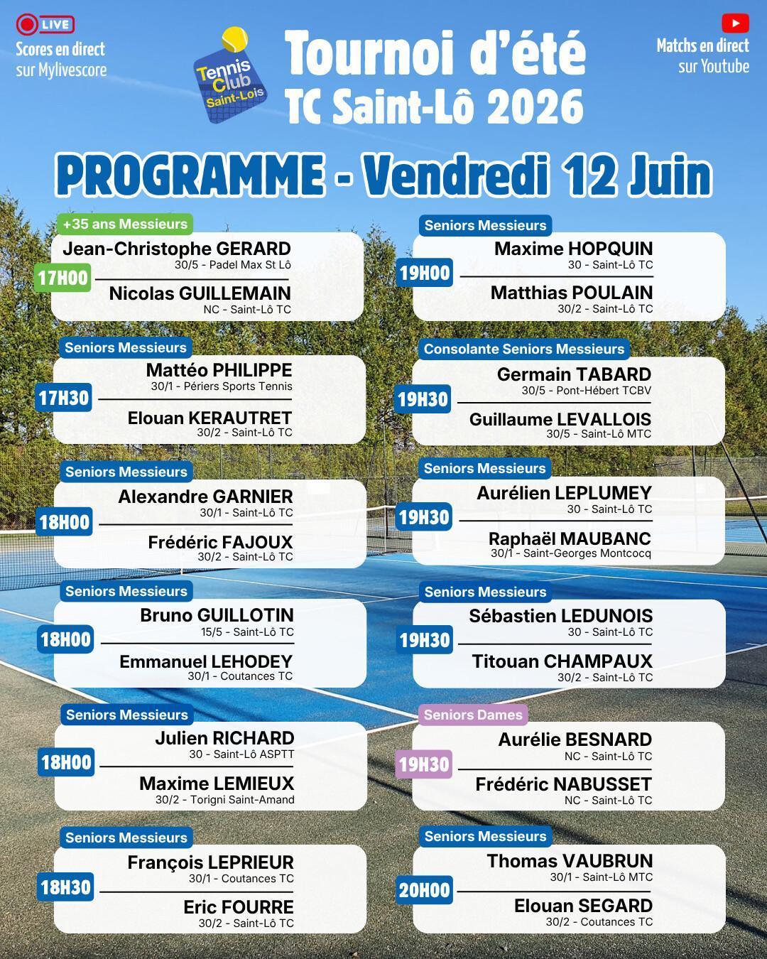 Tournoi été 2026 - Résultats Jeudi 11 juin et Programme Vendredi 12 Juin