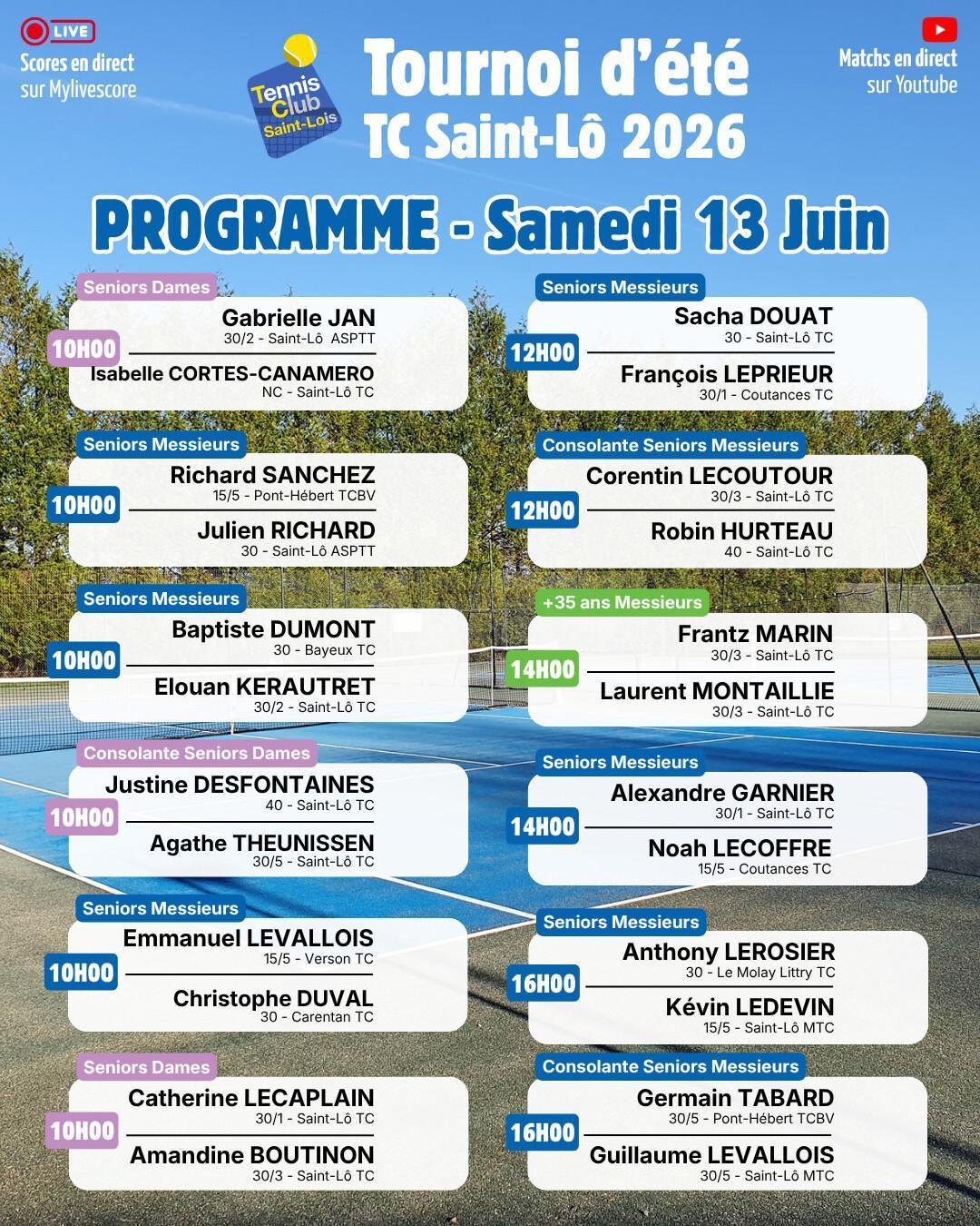 Tournoi été 2026 - Résultats Vendredi 12 Juin et Programme Samedi 13 Juin