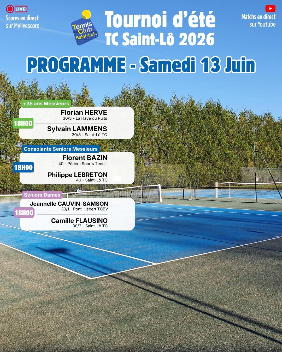 Tournoi été 2026 - Résultats Vendredi 12 Juin et Programme Samedi 13 Juin