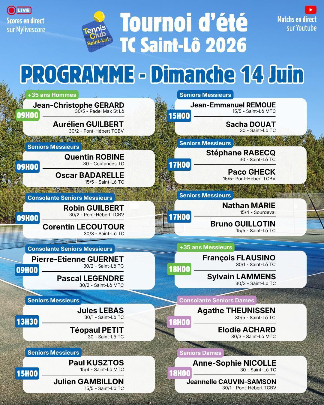 Tournoi été 2026 - Résultats Samedi 13 Juin et Programme Dimanche 14 Juin