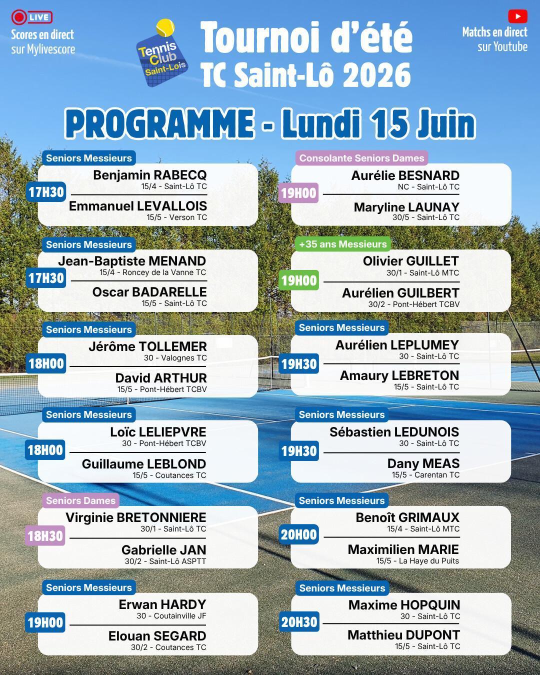 Tournoi été 2026 - Résultats Dimanche 14 Juin et Programme Lundi 15 Juin